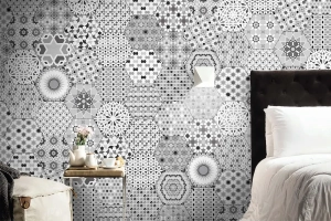 Pared con azulejos hidráulicos blanco y negro kasbah grey hexagonal