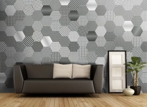 pared con azulejo tipo patchwork blanco y negro hexagonal
