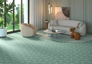 Salon con azulejo aster green hexagonal 25x22