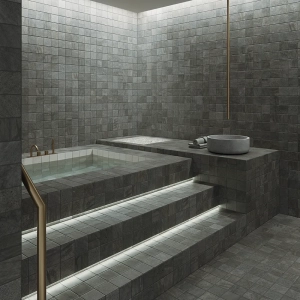 Baño con azulejo sukabumi graphite 11x11cm wow design